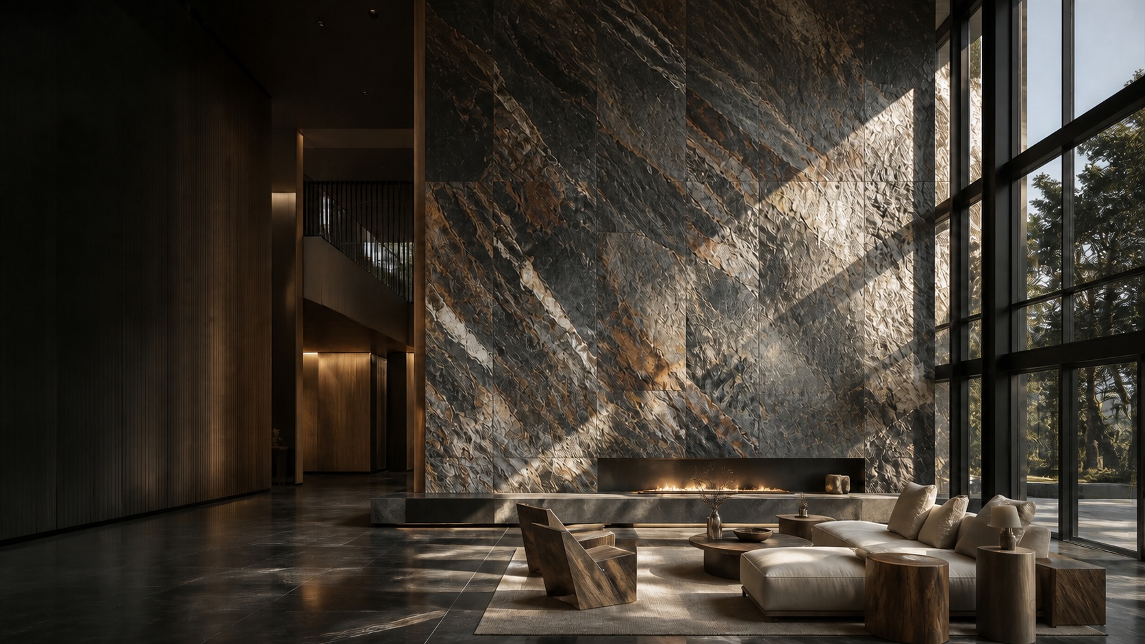 Flexible stone wall cladding in a contemporary hospitality interior
